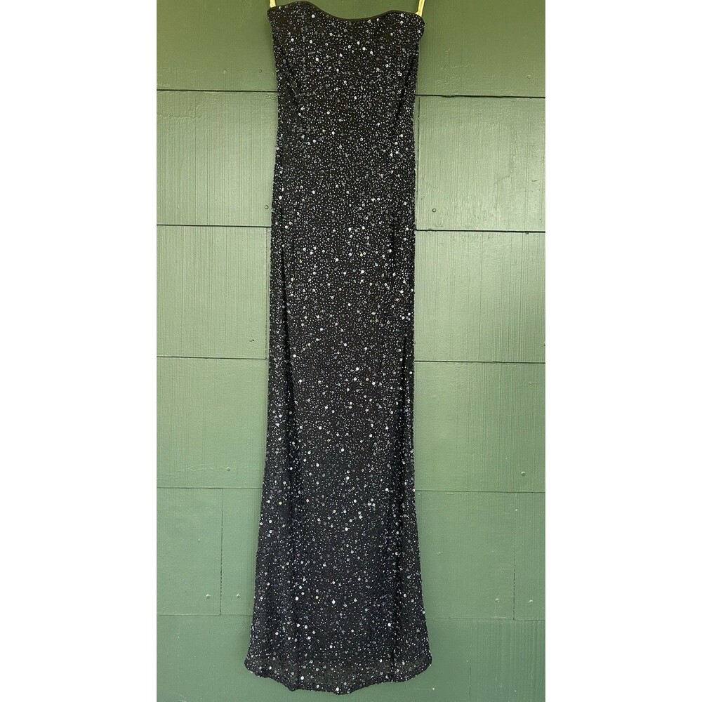 Vintage 90s Handbeaded Silk Maxi Gown Navy Strapless XS Panoply Goth Vampy